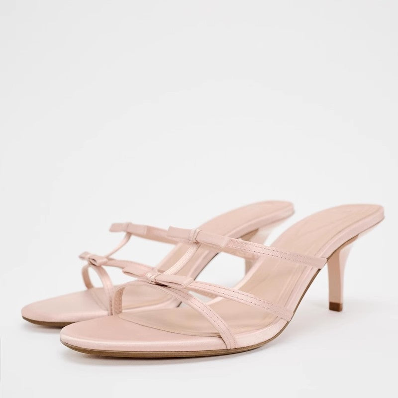 Blush Pink Satin Bow Kitten Heel Mules