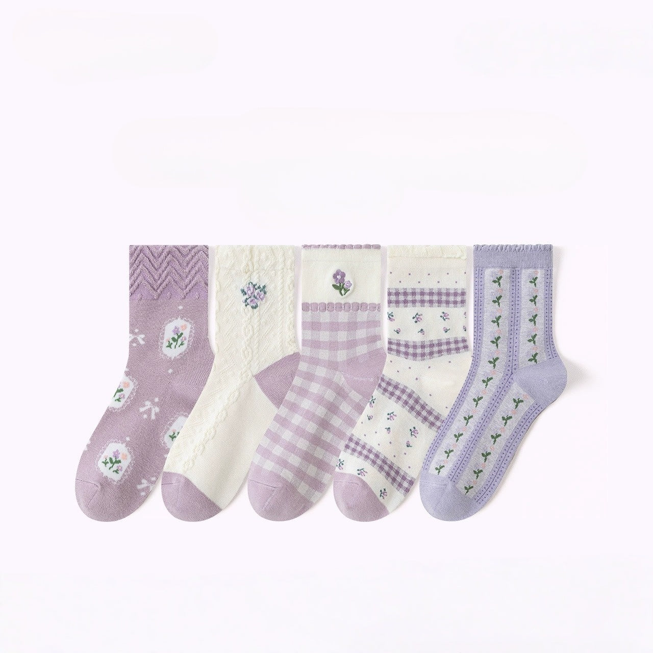 Purple Pointelle Floral Crew Socks - 5 pairs in one package