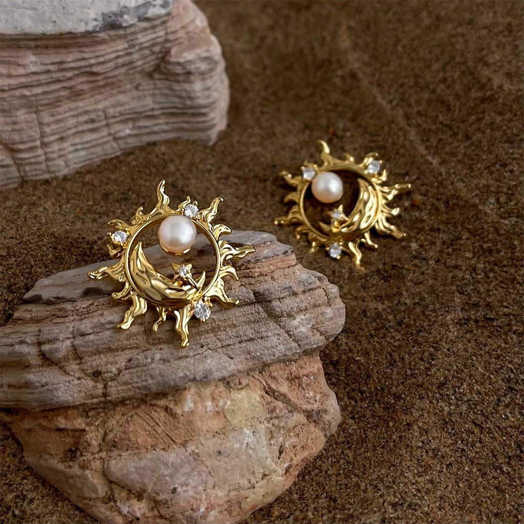 Sun & Moon Pearl Zircon Earrings