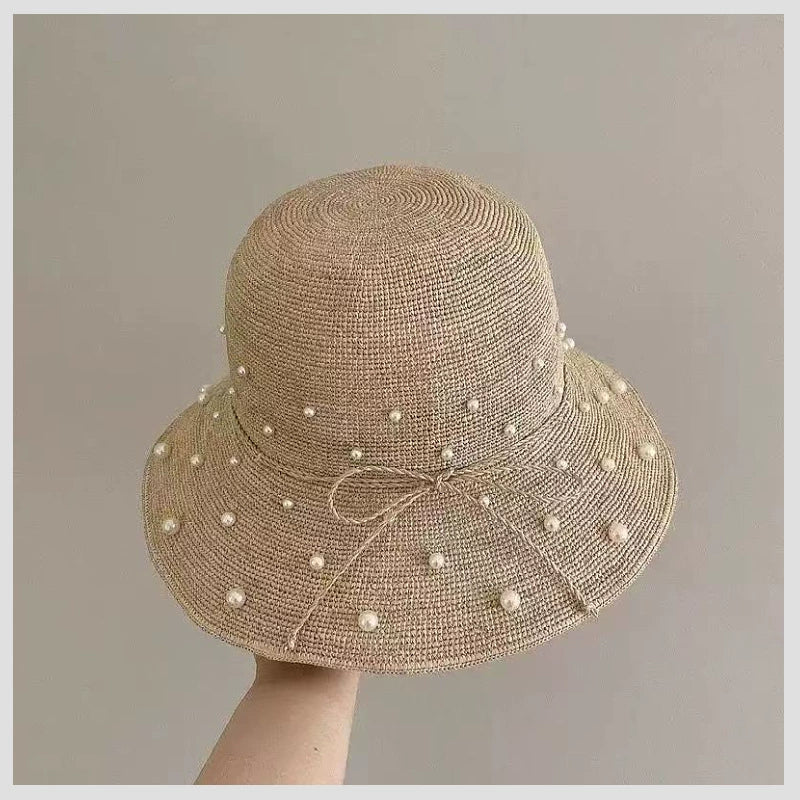 Pearl-Embellished Raffia Bucket Hat