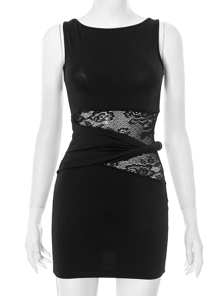 Twist-Belt Lace Cutout Mini Dress