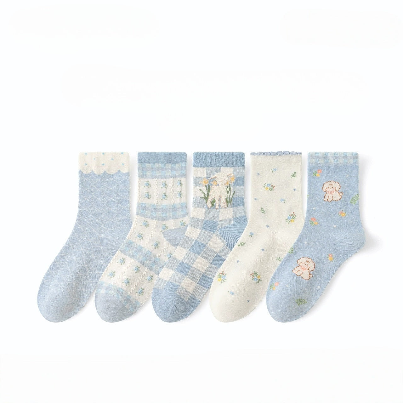 Blue Pointelle Floral Crew Socks - 5 pairs in one package