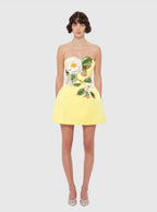 Yellow Strapless 3D Floral Applique Mini Dress