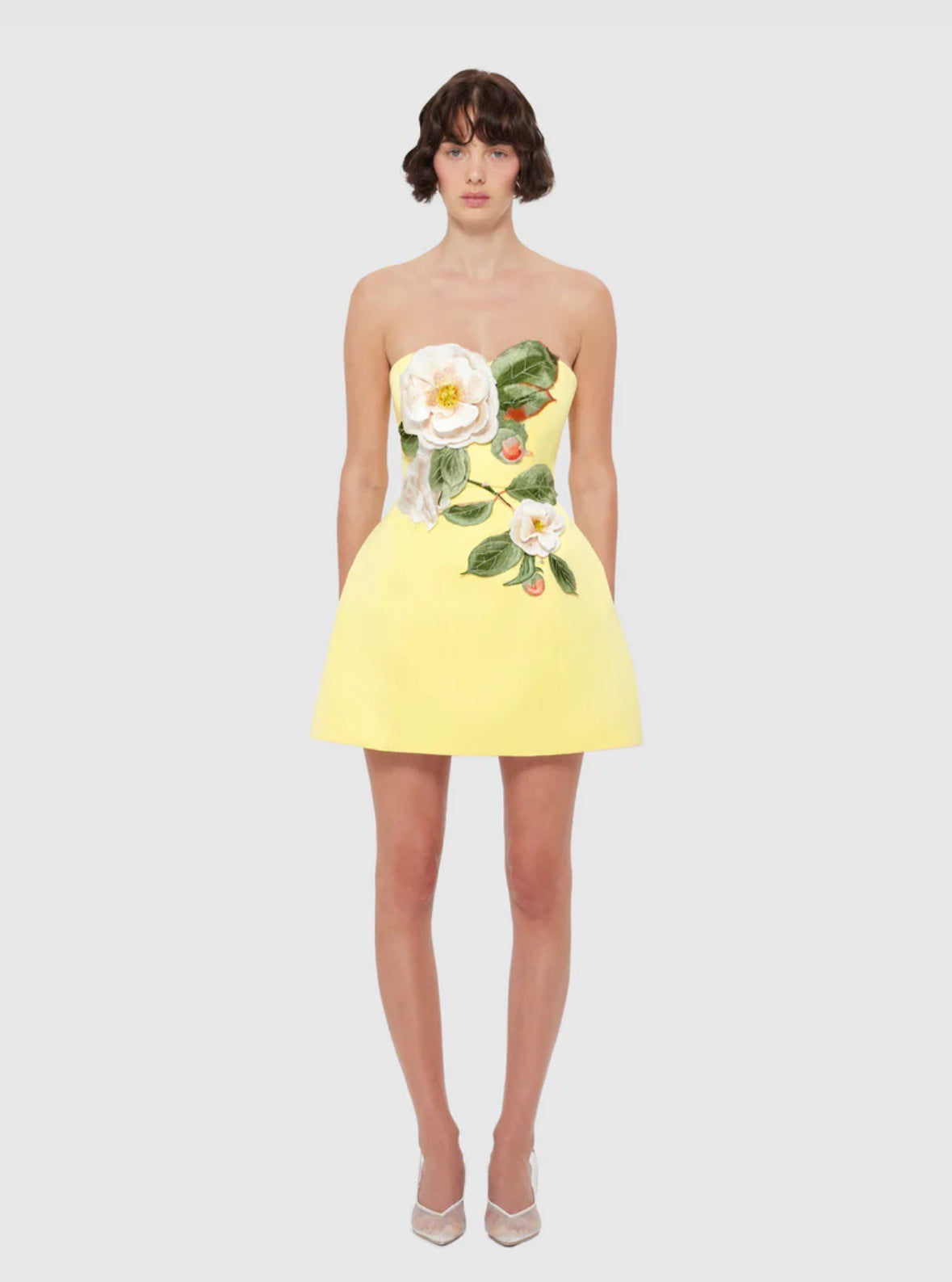 Yellow Strapless 3D Floral Applique Mini Dress