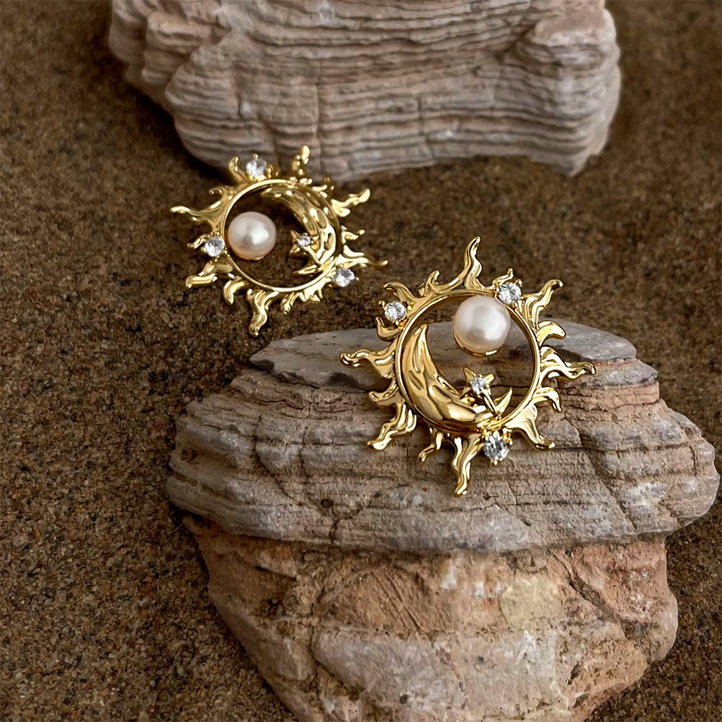 Sun & Moon Pearl Zircon Earrings
