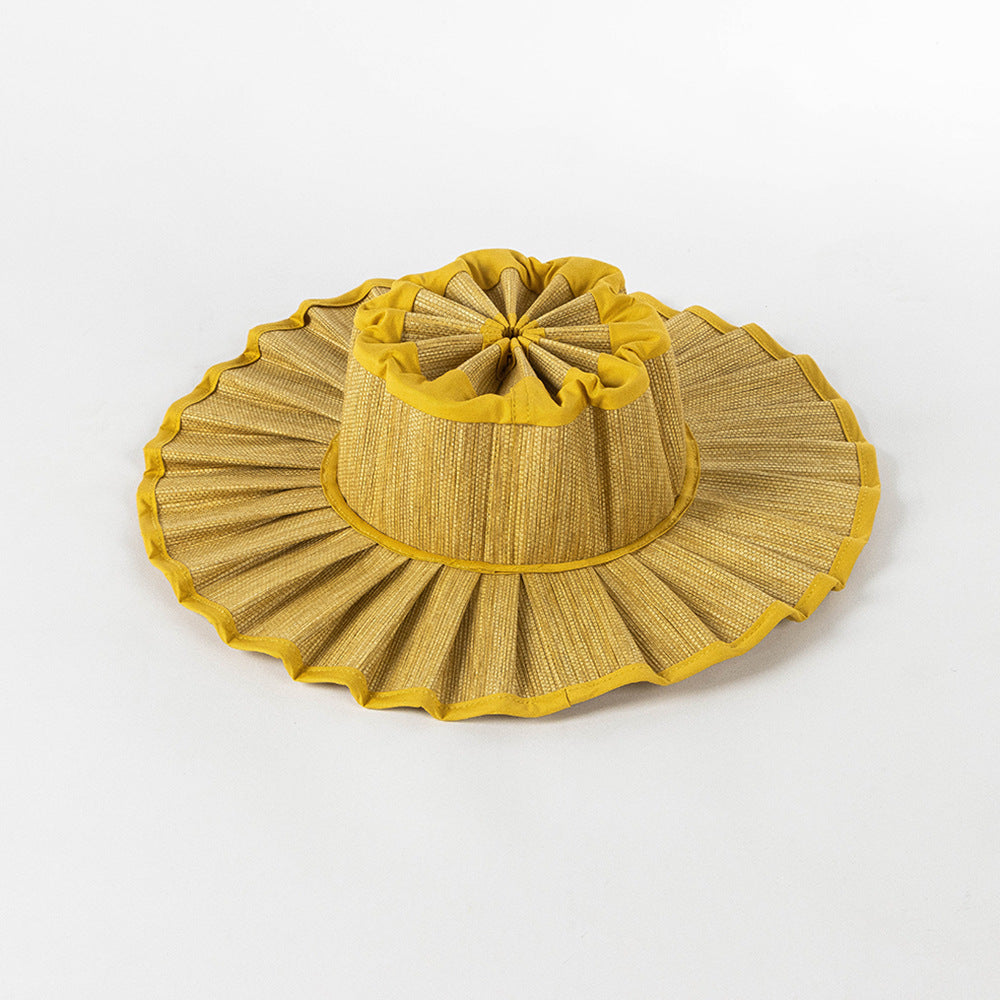 Golden Yellow Pleated Straw Sun Hat
