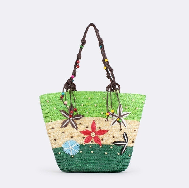 Embroidered Starfish Beaded Straw Bag
