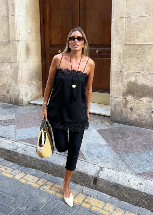 Satin Effect Lace Top - Black