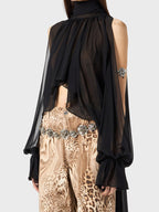 High-Neck Long Tie Batwing Sleeve Asymmetrical Top with Wrist Loop Design