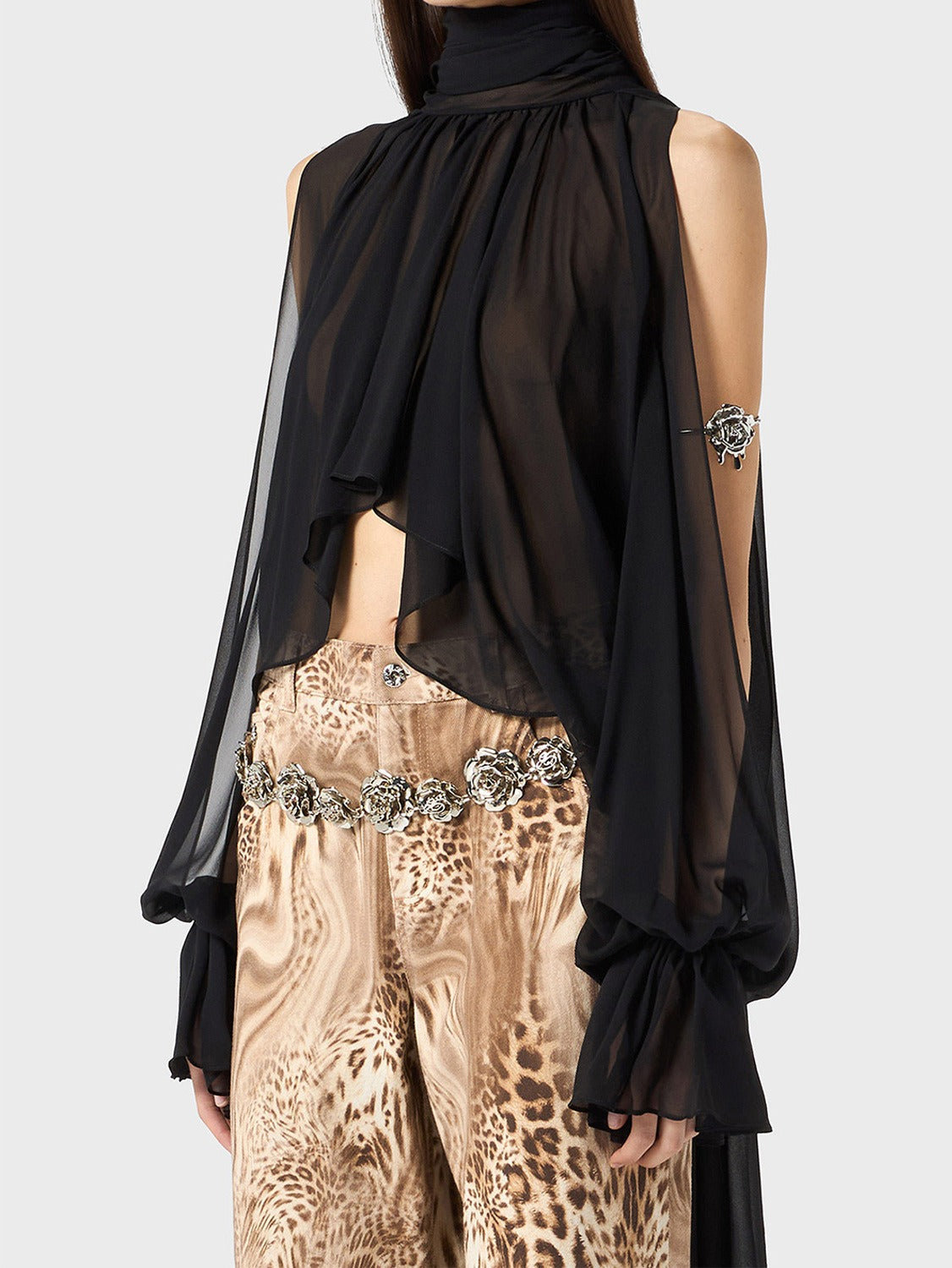 High-Neck Long Tie Batwing Sleeve Asymmetrical Top with Wrist Loop Design