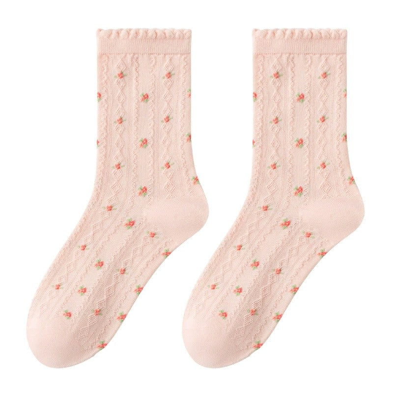 Pointelle Floral Crew Socks - 5 pairs in one package