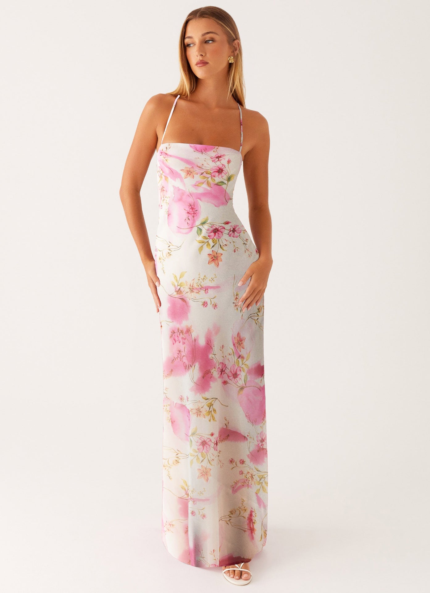 Pink Floral Chiffon Maxi Dress