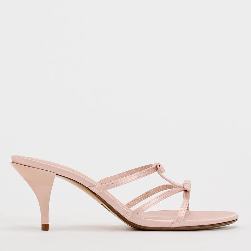 Blush Pink Satin Bow Kitten Heel Mules