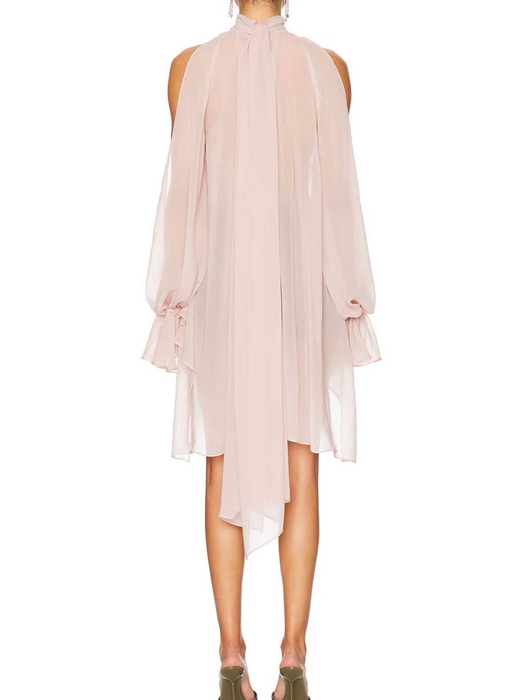 High-Neck Long Tie Batwing Sleeve Asymmetrical Top with Wrist Loop Design