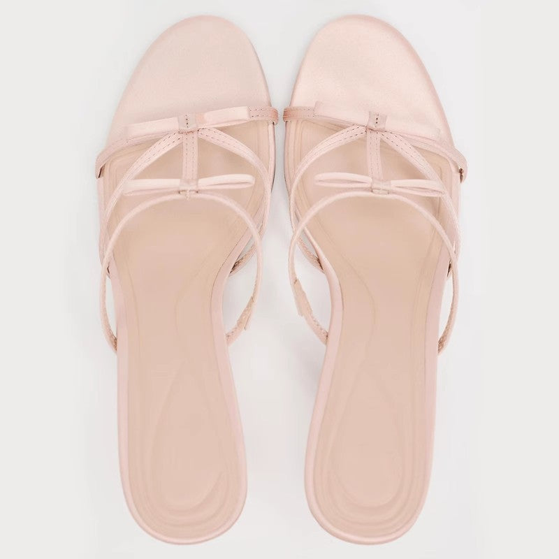 Blush Pink Satin Bow Kitten Heel Mules