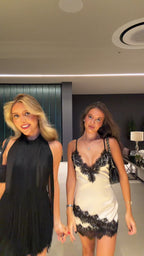 Satin Lace Mini Dress - Black/White