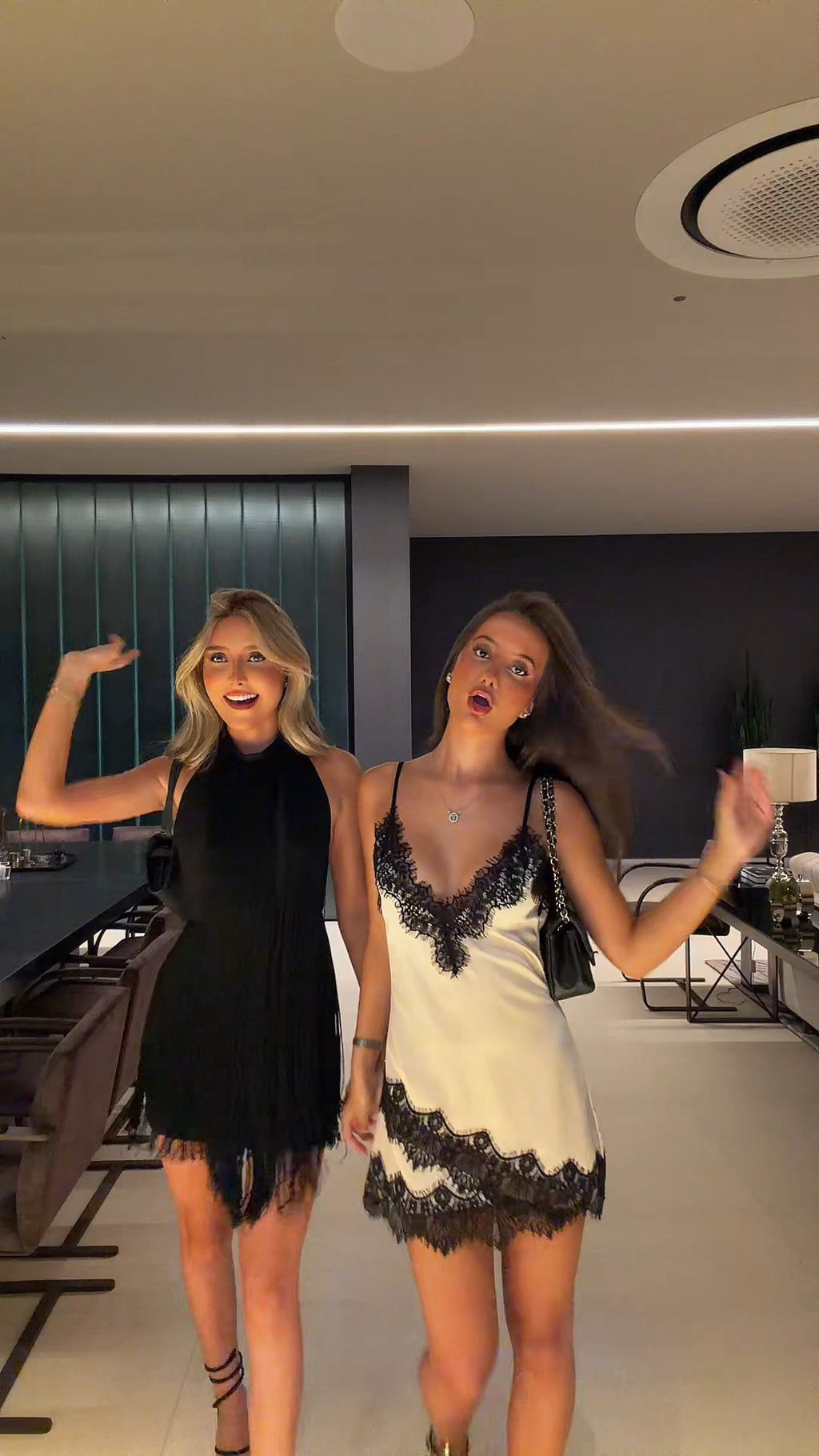 Satin Lace Mini Dress - Black/White