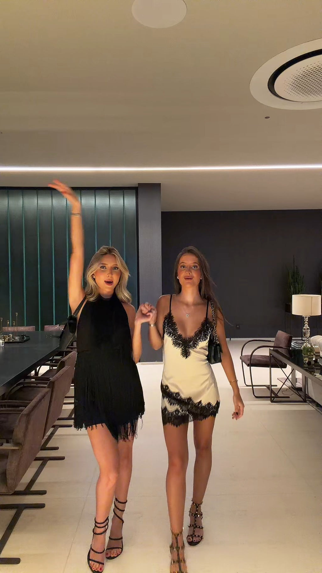 Satin Lace Mini Dress - Black/White