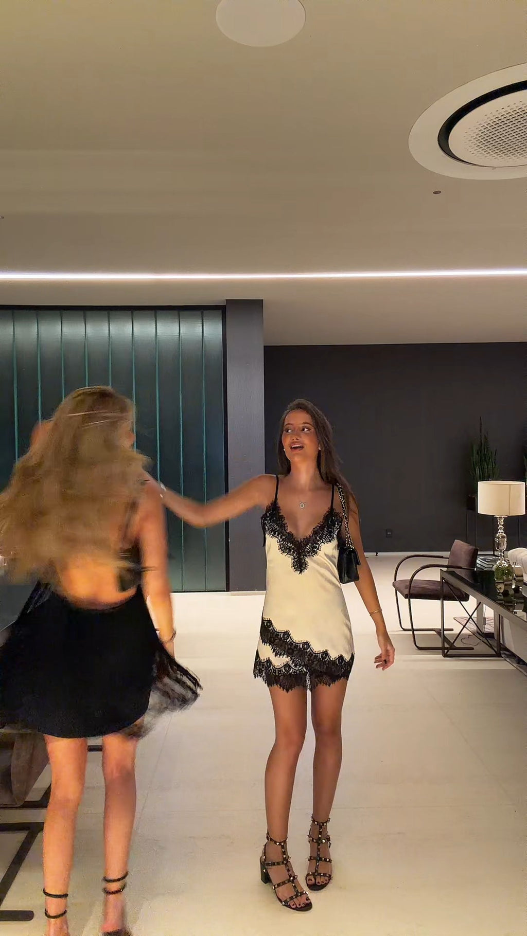 Satin Lace Mini Dress - Black/White