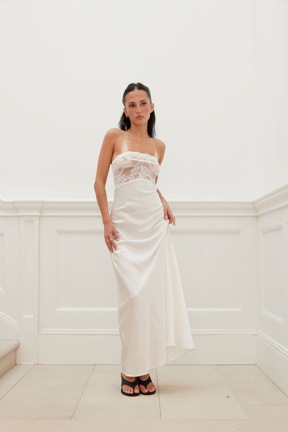 Lace Bust Bias Cut Maxi Dress - Ivory