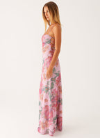 Pink Floral Chiffon Maxi Dress