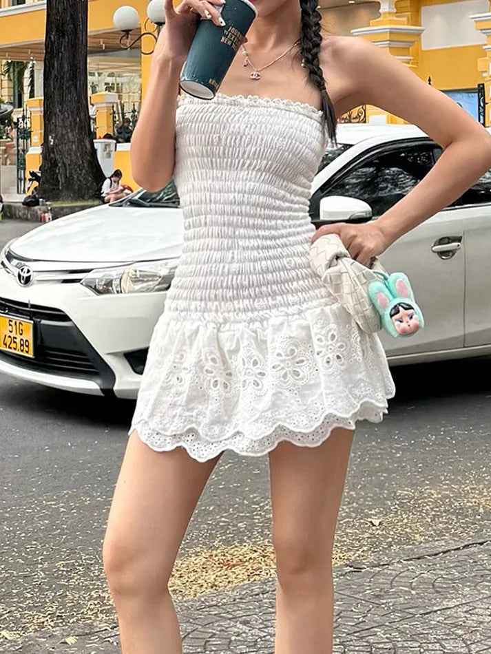 White Eyelet Smocked Mini Dress