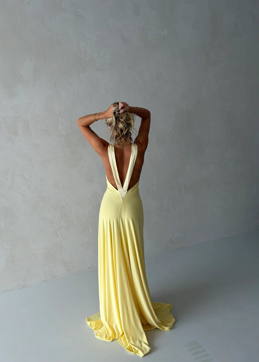 Elara Deep-V Satin Maxi – Buttermelt Yellow