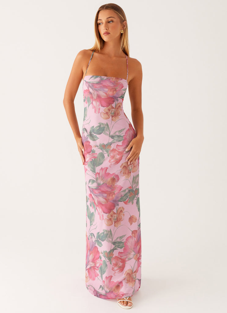 Pink Floral Chiffon Maxi Dress