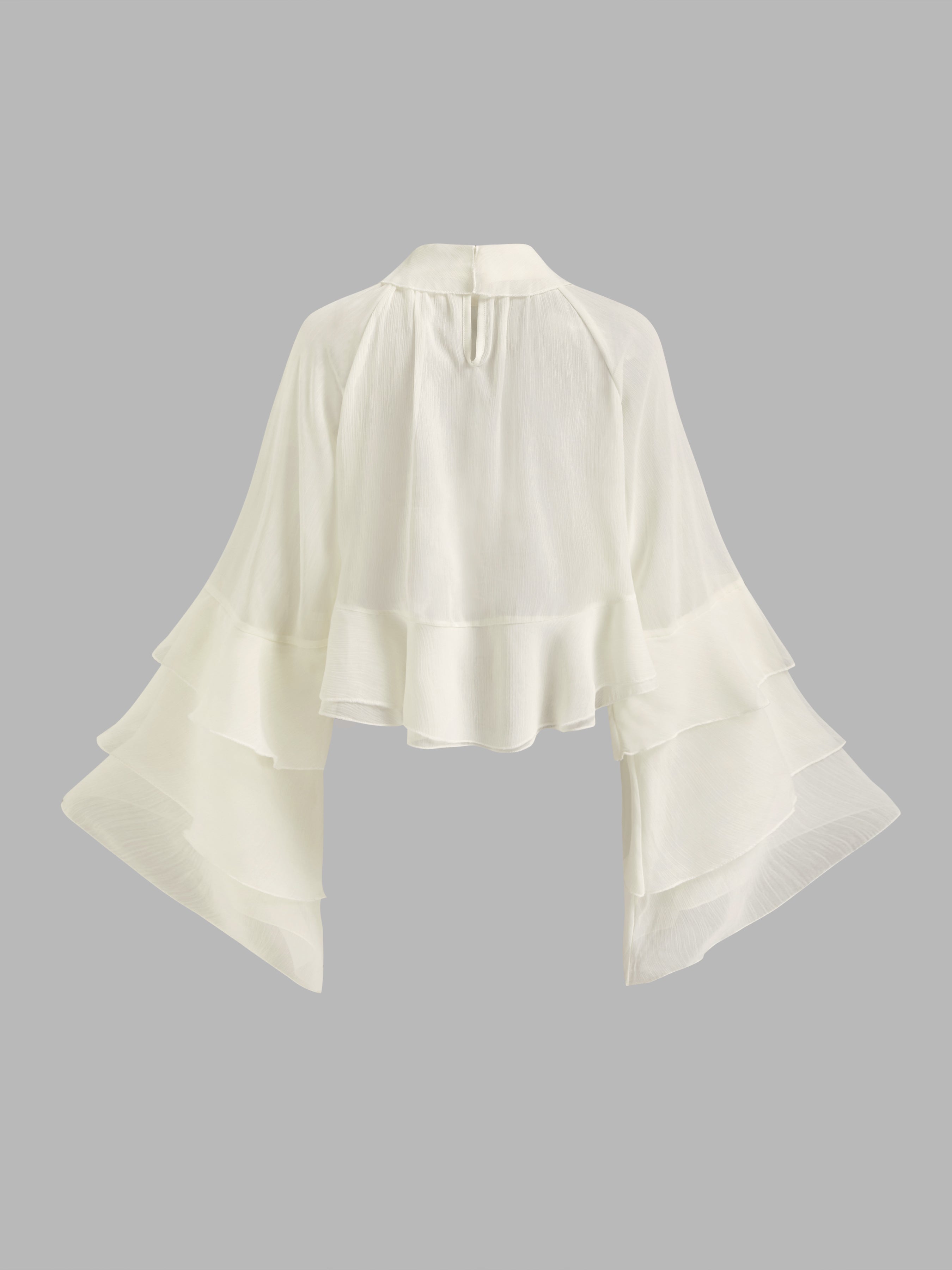 Chiffon High Neck Ruffle Dolman sleeve See-Through Crop Blouse