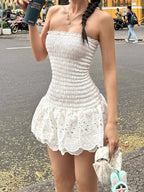 White Eyelet Smocked Mini Dress