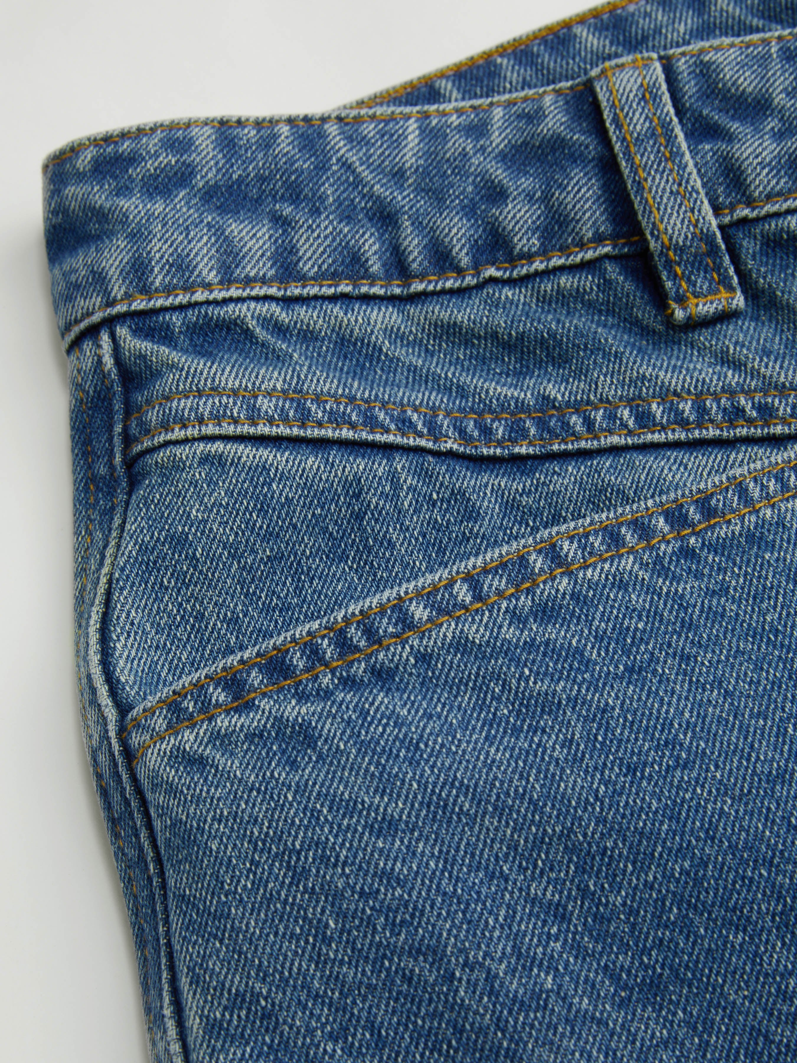 Denim Mid Rise Solid Roll Hem Straight Leg Jeans