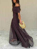 Seraphina Ruched Mesh Maxi Dress – Espresso