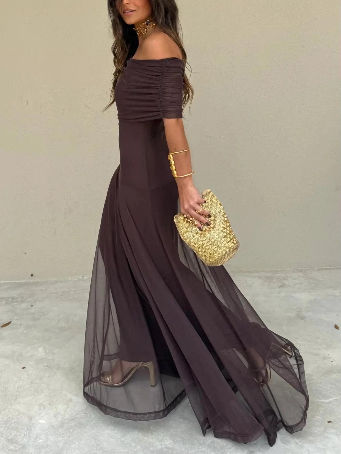 Seraphina Ruched Mesh Maxi Dress – Espresso