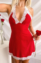 Lace Trim Red Polka Dot Mini Dress