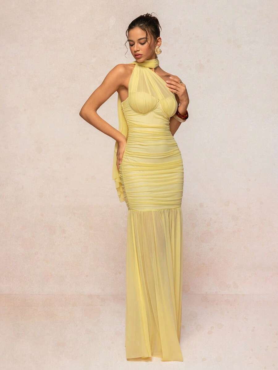 Tied Sleeveless Mesh Maxi Dress