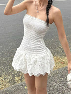 White Eyelet Smocked Mini Dress