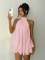 Chloe Tiered Halter Mini – Powder Pink