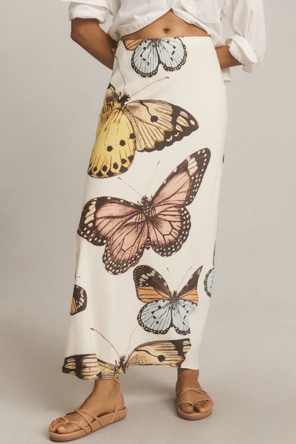 Butterfly Print Satin Midi Skirt