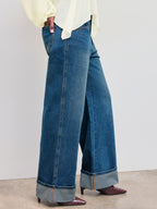 Denim Mid Rise Solid Roll Hem Straight Leg Jeans