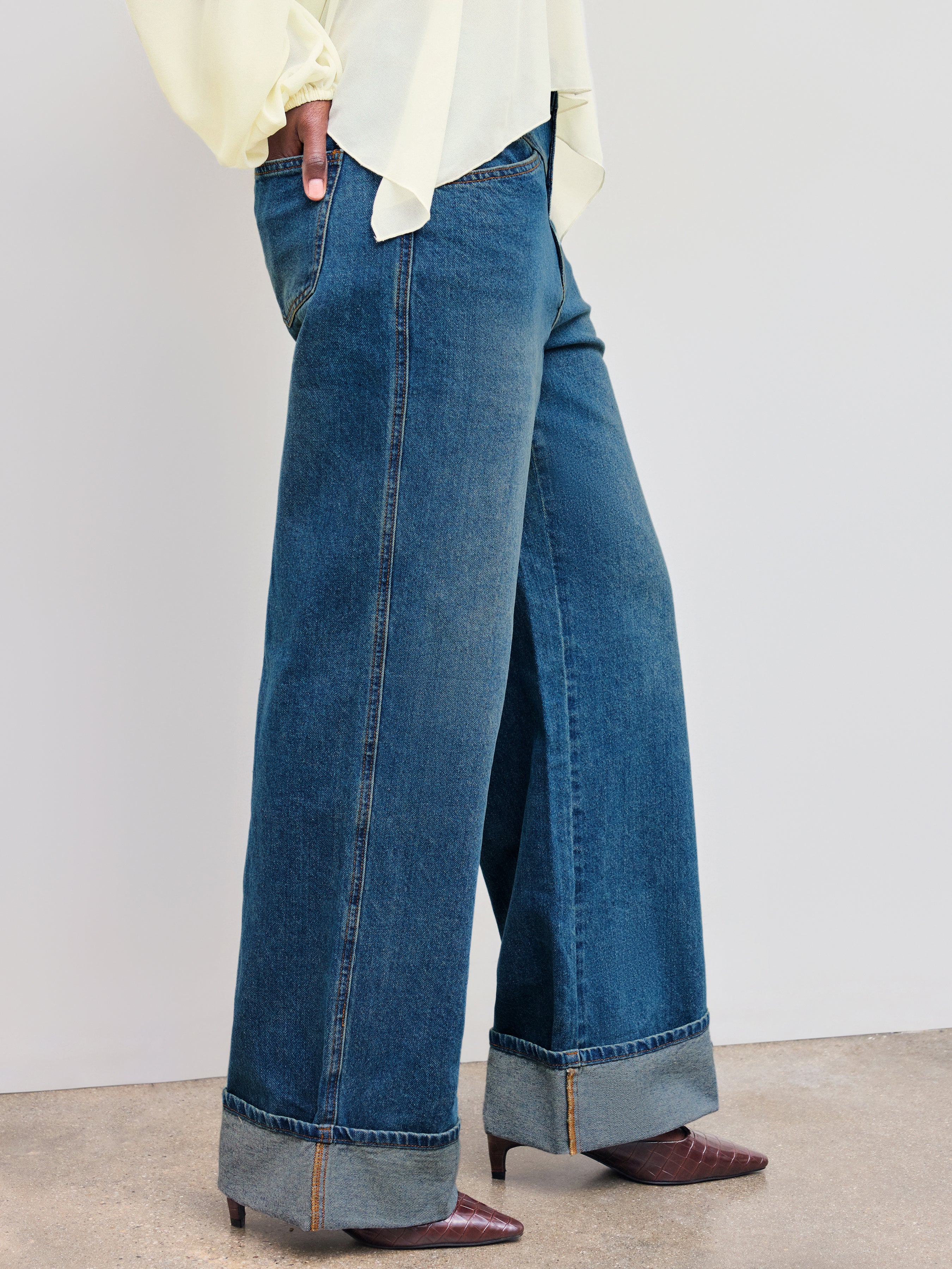 Denim Mid Rise Solid Roll Hem Straight Leg Jeans