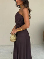 Seraphina Ruched Mesh Maxi Dress – Espresso