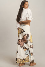 Butterfly Print Satin Midi Skirt