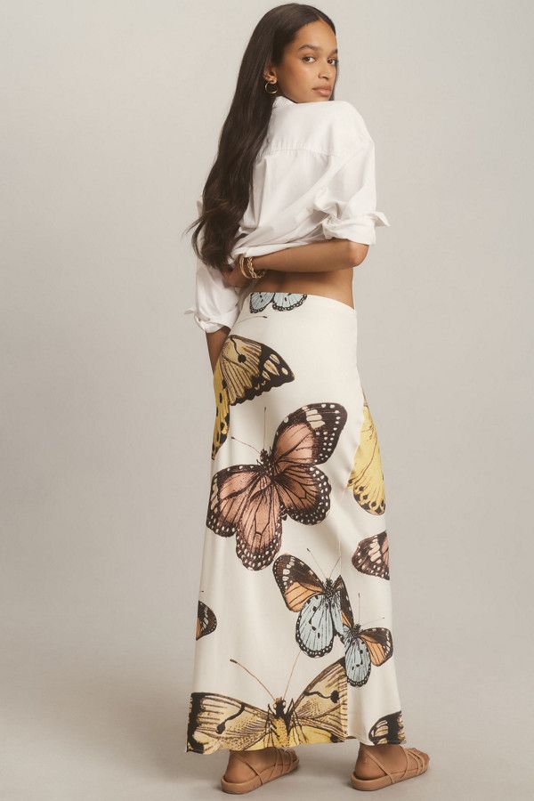 Butterfly Print Satin Midi Skirt