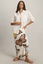 Butterfly Print Satin Midi Skirt