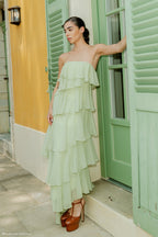 Sage Green Strapless Tiered Ruffle Maxi Dress