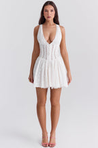 White Cotton Broderie Anglais Plunge Mini Dress