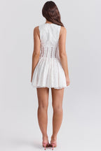 White Cotton Broderie Anglais Plunge Mini Dress