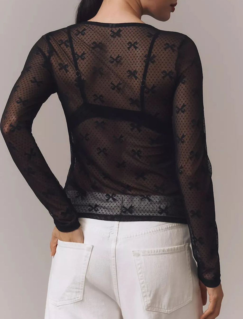 Long-Sleeve Bow Lace Top