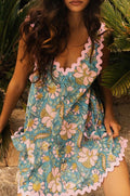 Flower Trim Print Mini Dress