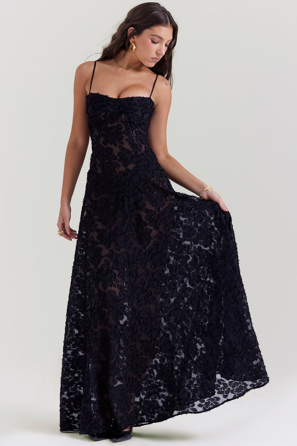 Black Floral Lace Back Maxi Dress